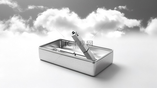 白色背景下半空中飞行的时尚银色铅笔盒的 3D 插图