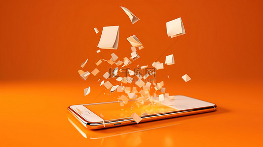 悬浮的面背景图片_带有在充满活力的橙色背景上悬浮电子邮件的 3d 移动设备