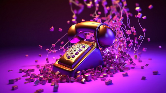 商座机背景图片_在 3D 渲染的紫色霓虹灯照明中损坏的固定电话