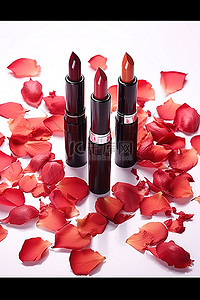 化妆品红色背景背景图片_Bobby Brown 化妆品 4 支口红，白色背景上有红色花瓣叶