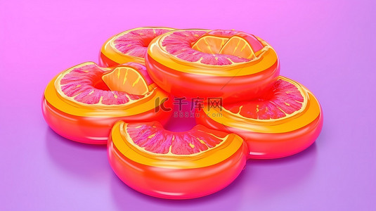 充满活力的充气环和三重水果漂浮在紫色背景 3D 呈现夏季概念