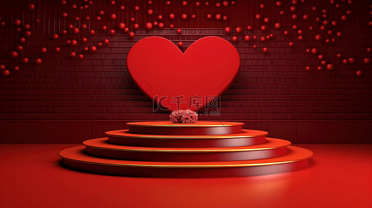舞台婚礼背景图片_豪华金色舞台讲台，红心 3d 渲染优雅