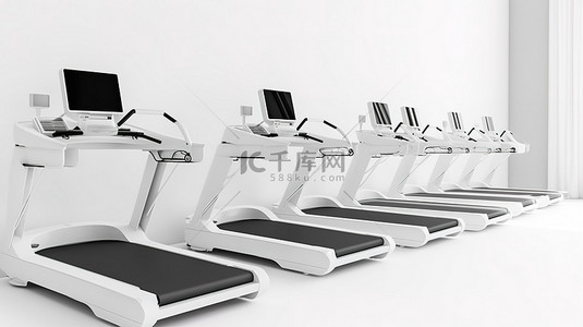健康跑步背景图片_白色背景 3d 渲染图像中的一排跑步机或跑步机