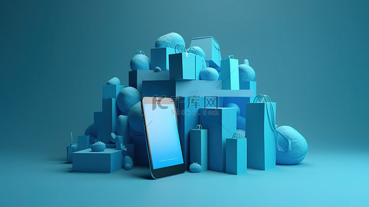 网购背景背景图片_用个人电脑智能手机图像和蓝色背景呈现 3d 在线商店的概念