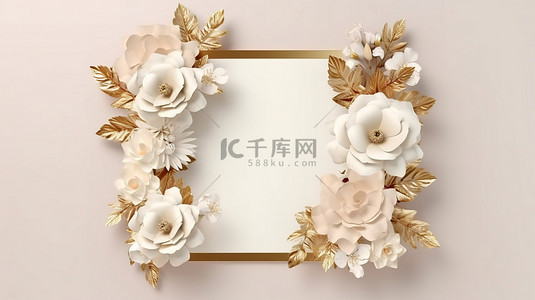 叶子花边框背景图片_3D 渲染贺卡和邀请卡，带有花卉方形框架，配有茂盛的植物和花卉