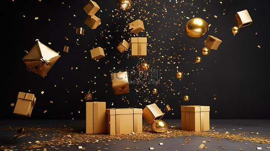 掉落的 3D 塑料礼品盒中闪闪发光的丝带小球和金色五彩纸屑的组合