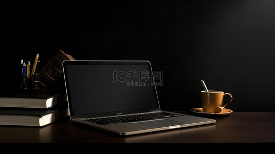 现代工作空间概念，带有空白笔记本和黑色背景笔记本电脑，具有充足的复制空间 3D 渲染