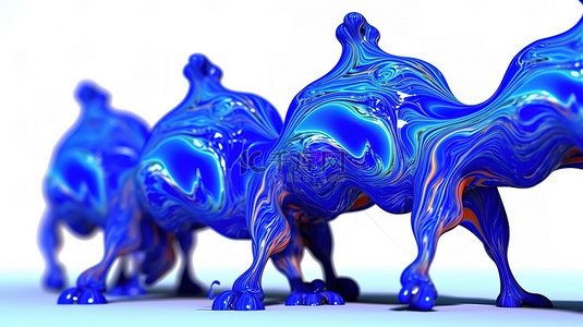 蓝色抽象骆驼悬浮在空气中的流体波的 3D 渲染