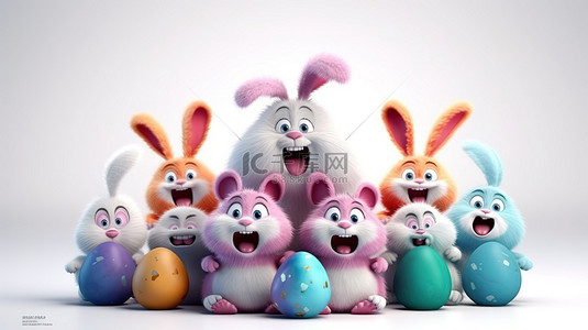 有趣的复活节兔子被鸡蛋和讲台包围 3d 渲染快乐的复活节横幅寻找鸡蛋