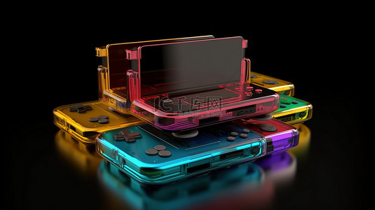 3D 黑暗背景上色彩鲜艳的经典游戏机
