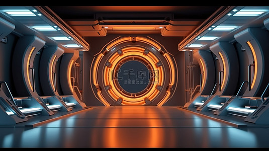 太空飞船或空间站隧道内部的科幻产品演示舞台讲台 3d 渲染
