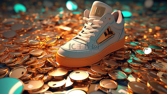 身临其境的 3D 插图 NFT 运动鞋被大量硬币包围，描绘了赢得热潮的举动