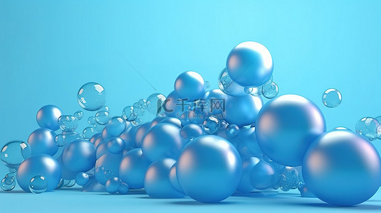 柔和的背景与逼真的 3D 渲染中的蓝色飞行气泡球体