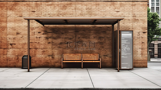 一个公交车站的 3D 渲染，砖墙前有一个空的广告牌