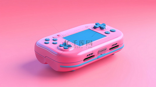 粉红色背景 3D 渲染上蓝色的老式便携式游戏机