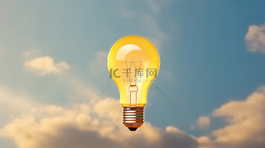上升的黄色灯泡通过 3D 渲染说明创意和创新的概念