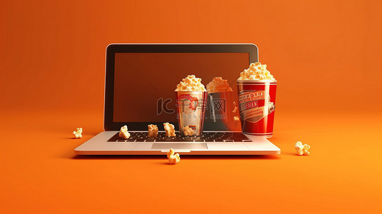 电影爆米花可乐背景图片_茶点和技术可乐爆米花和笔记本电脑的 3D 渲染
