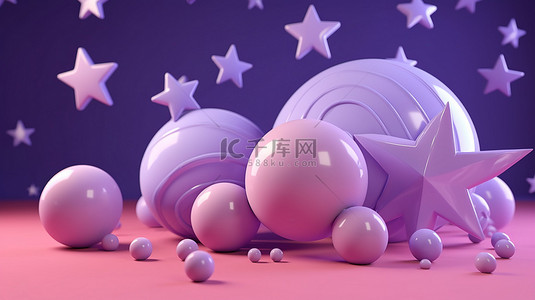 紫色背景上 3D 渲染的柔和柔和的星星球体和线条