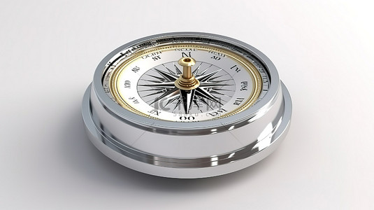 复古 Windrose 指南针，光滑饰面，呈现在 3D 渲染中的白色背景上