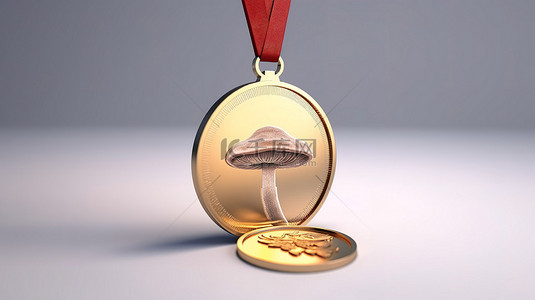 奖章图背景图片_蘑菇图标刻在 3D 奖牌硬币上