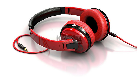 带红色电缆的白色背景隔离耳机的 3D 插图