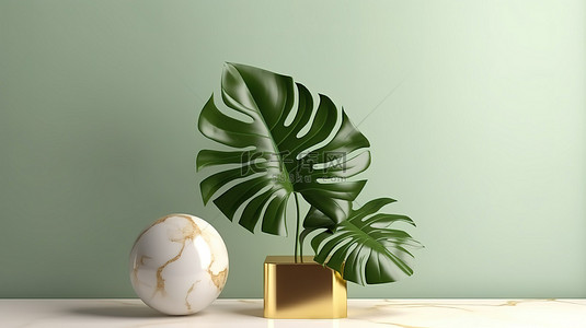 绿色绿叶背景图片_白书和金色龟背竹植物叶子的 3D 插图在浅绿色墙壁上与大理石底座