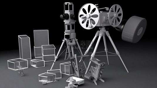 老式电影摄影机，带卷轴胶片拍板导演椅和扩音器，3D 渲染