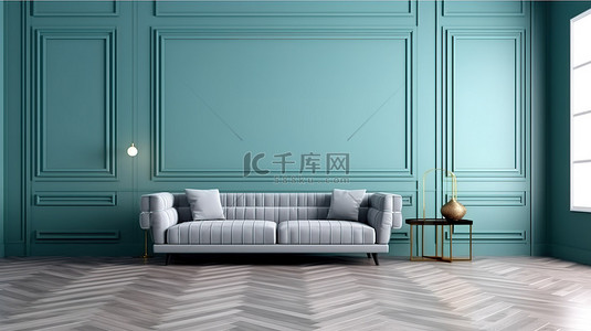 令人惊叹的灰色沙发，采用现代斯堪的纳维亚设计，蓝色墙壁内饰，配有装饰线条和人字形镶木地板，带有复制空间的 3D 渲染图像