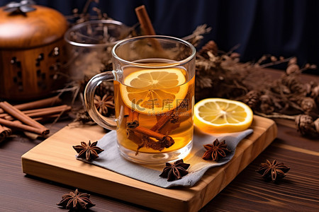 柠檬柠檬茶背景图片_一个透明玻璃杯，里面装有蜂蜜茶肉桂棒柠檬和香料