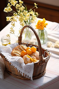 一堆面包背景图片_桌子上有一篮子好吃的东西，附近也有一篮子鲜花
