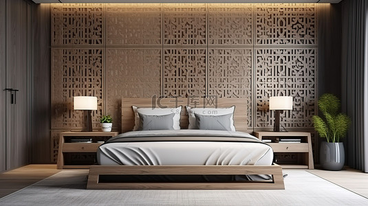 带木制床头板双壁和内置床 3D 渲染设计的现代卧室