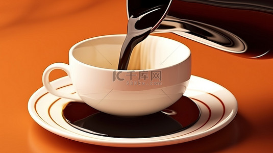 咖啡倒入杯子背景图片_黑咖啡被倒入棕色背景上的白色杯子中的 3D 渲染