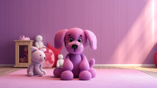 学龄前儿童粉红色游戏室中薰衣草犬玩具的 3D 渲染