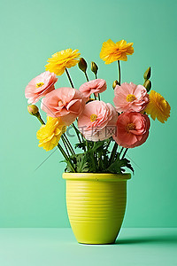 玫瑰绿色背景图片_绿色背景中的粉色花盆里盛着鲜花
