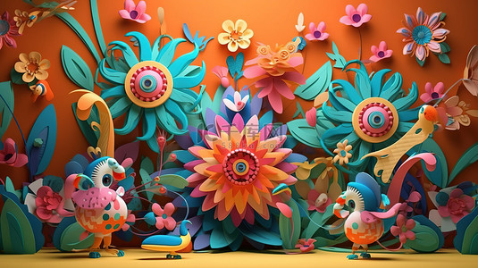 卡通花卉民间艺术作品的彩色 3D 效果图