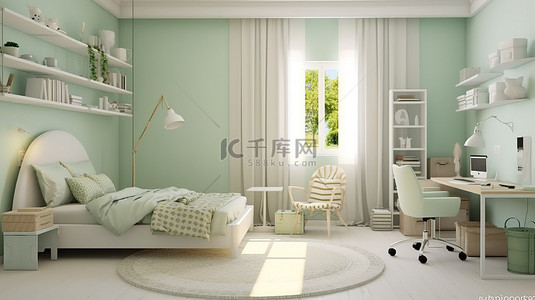 现代青少年房间采用浅绿色和白色，配有舒适的床时尚的落地灯和时尚的工作区 3D 渲染