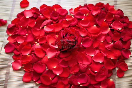 红玫瑰背景图片_红玫瑰花瓣在地板上形成一颗心