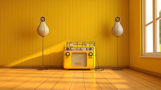 听收音机背景图片_宽敞的黄色房间中收音机的 3D 渲染