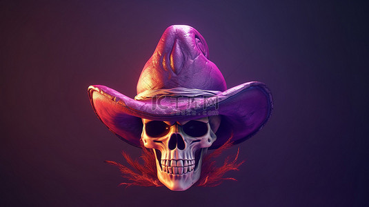 万圣节骷髅头背景图片_戴着女巫帽子的怪异万圣节头骨的 3D 渲染插图