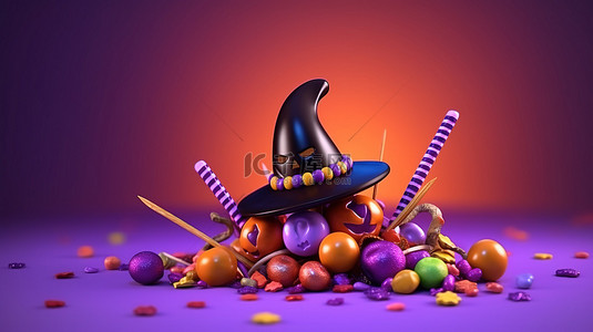 班演背景图片_传统的十月庆祝活动 3D 渲染彩色糖果女巫帽蜘蛛和扫帚在喜庆的紫色背景上庆祝万圣节快乐