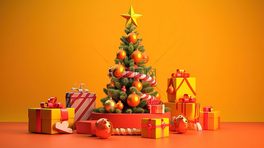 圣诞礼物玩具背景图片_节日讲台的节日 3D 渲染，装饰着圣诞节和新年装饰树和玩具