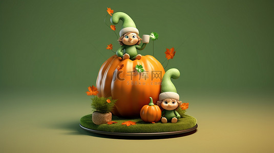 可爱侏儒背景图片_迷人的万圣节蛋糕，配有可爱的侏儒南瓜和绿叶装饰