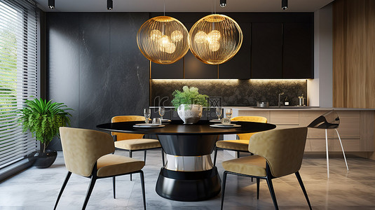 现代厨房内部配有圆形餐桌吊灯和 4 个 3D 渲染椅子