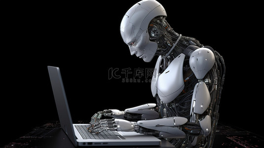 未来智能科技蓝色背景图片_AI 注入机器人在 3D 渲染中勤奋地操作电脑笔记本