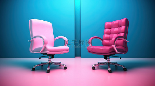 蓝色战略背景图片_泰坦双色调粉色和蓝色老板椅和办公桌的冲突在匹配背景下的对抗 3D 渲染