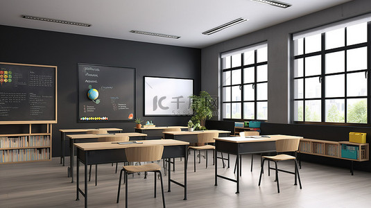 时尚的教室，配有空黑板 3D 设计，配有别致的木桌