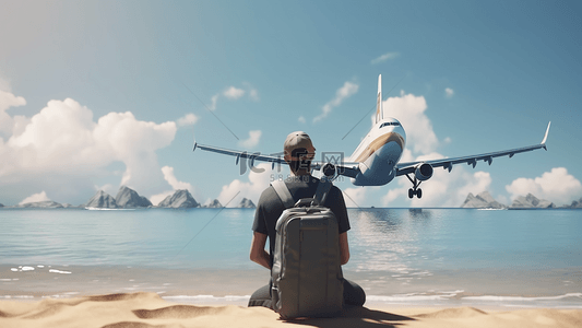 旅行广告背景背景图片_飞机海边沙滩旅行家假期旅行广告背景
