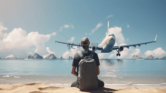 卡通沙滩海边背景背景图片_飞机海边沙滩旅行家假期旅行广告背景