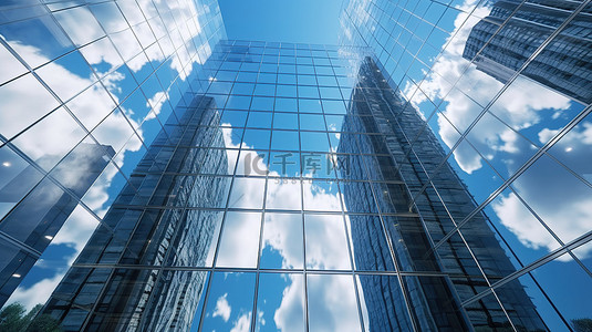 公司展示背景图片_现代摩天大楼的令人惊叹的视角展示了未来派建筑与窗口 3D 渲染上的云反射