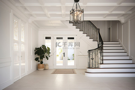 入口图也背景图片_带楼梯的入口吊灯和白色地板